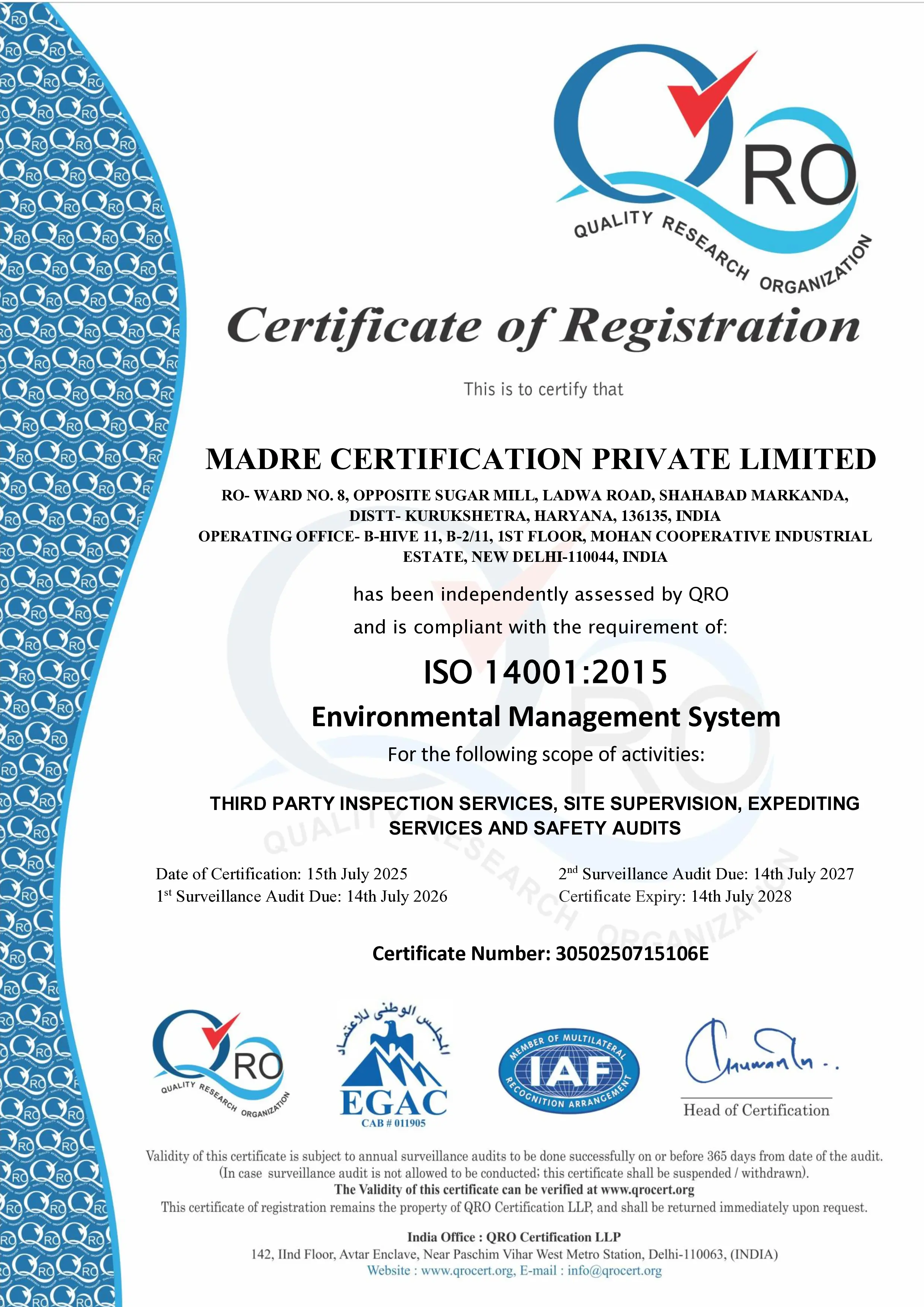 ISO 14001:2015 Certificate of Registration by QRO