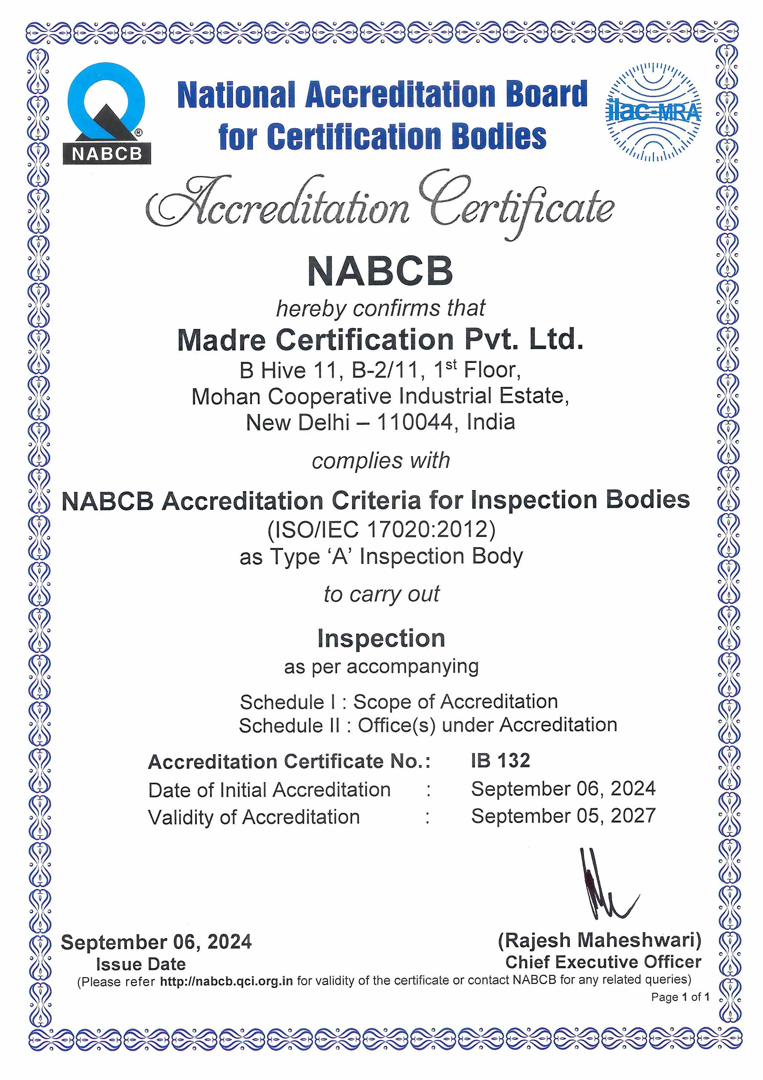 NABCB Accreditation Certificate for Inspection Bodies
